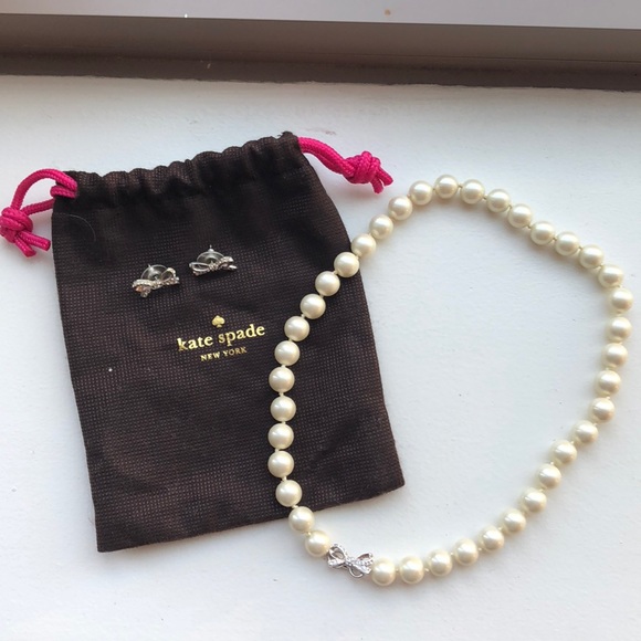 kate spade Jewelry - [Kate Spade] Pearl Necklace & Matching Bow Earings